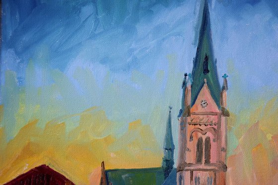 Oil painting Church Blumental in Bratislava, sunset in Slovakia