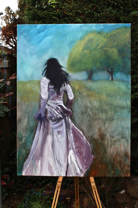 Woman Walking toward 2 Trees II (Large Painting)