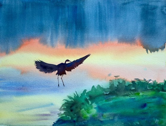 Bird Original Watercolor Painting, Landscape Artwork, Sunset Lake Art, Evening Scenery Picture