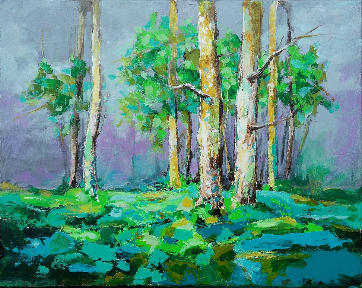 GREEN DAY, 50x40cm, birches trees landscape by Emilia Milcheva
