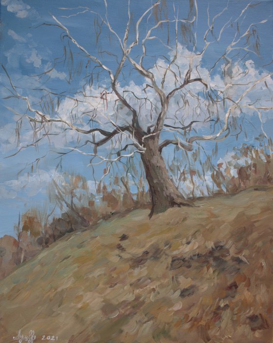THE TREE – original painting cold palette realistic style spring cloud