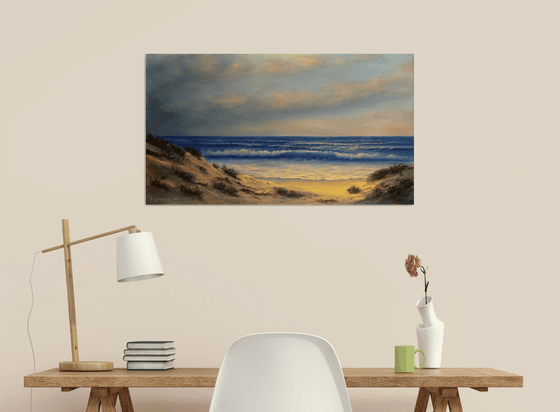 Wild Beach - seascape painting, coastal art, sunset, wave, sand