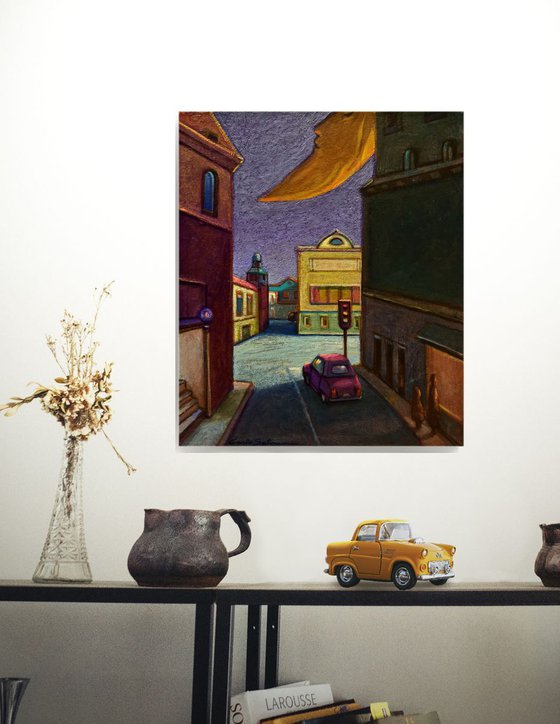 YELLOW MOON OVER THE CITY - ( 30 x 25 cm )