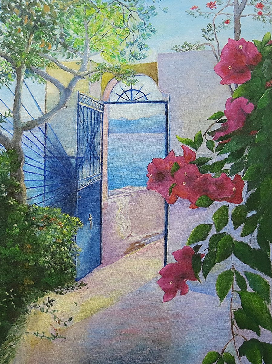 Impressionistic Landscape Oil Painting By Maureen Greenwood, 18 X 24", Bougainvillea And Greek Sun, Original Artwork