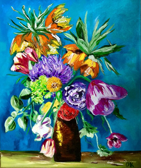 BOUQUET OF FRITILLARIA FLOWERS ON TURQUOISE  tulips, peonies, inspired by VINCENT VAN GOGH . palette knife modern  oil still life painting on blue purple pink yellow Dutch style office home decor gift