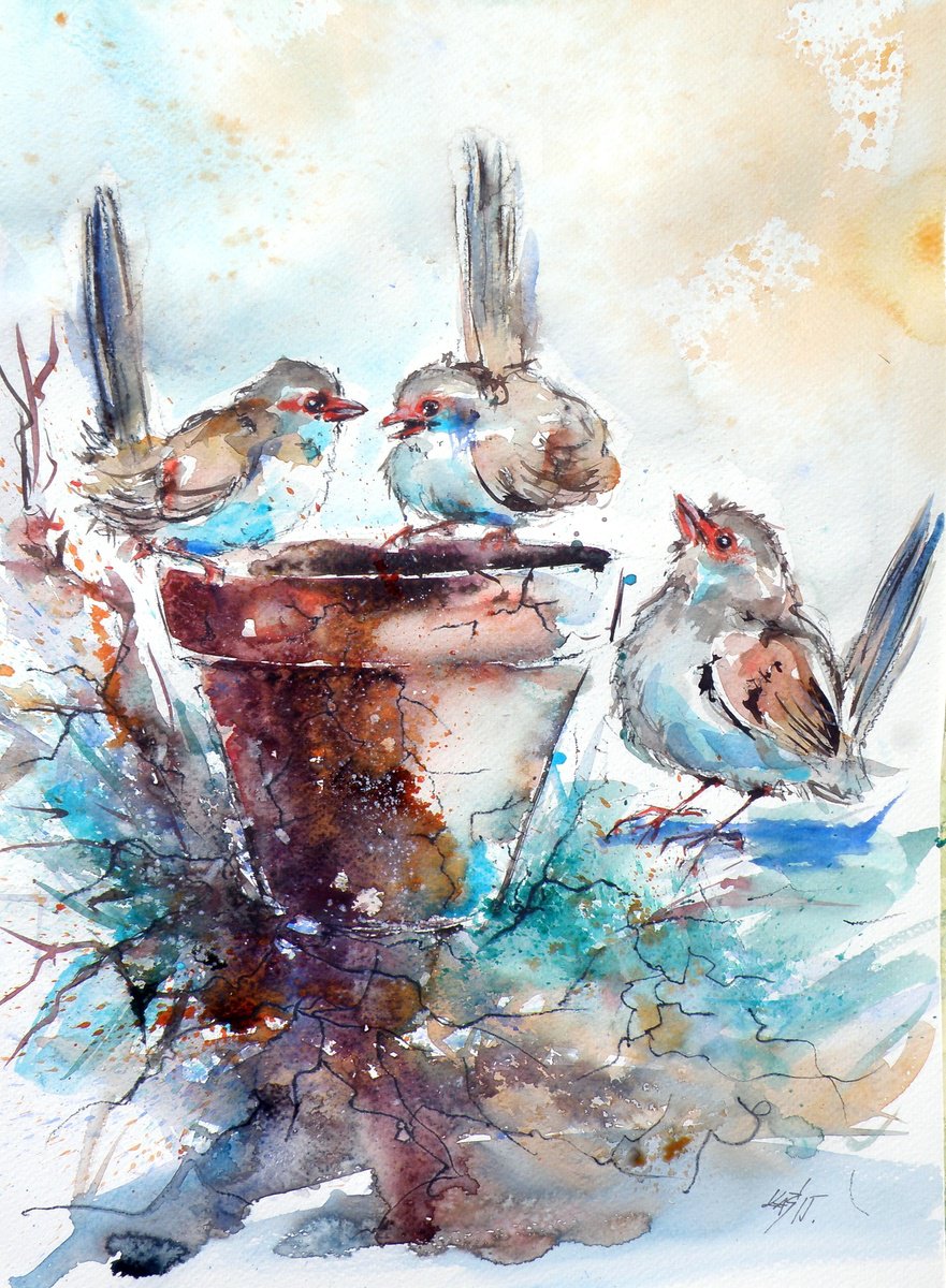 Impressionistic Animal Watercolour By Kovacs Anna Brigitta, 12 X 17", Three Birds, Original Artwork