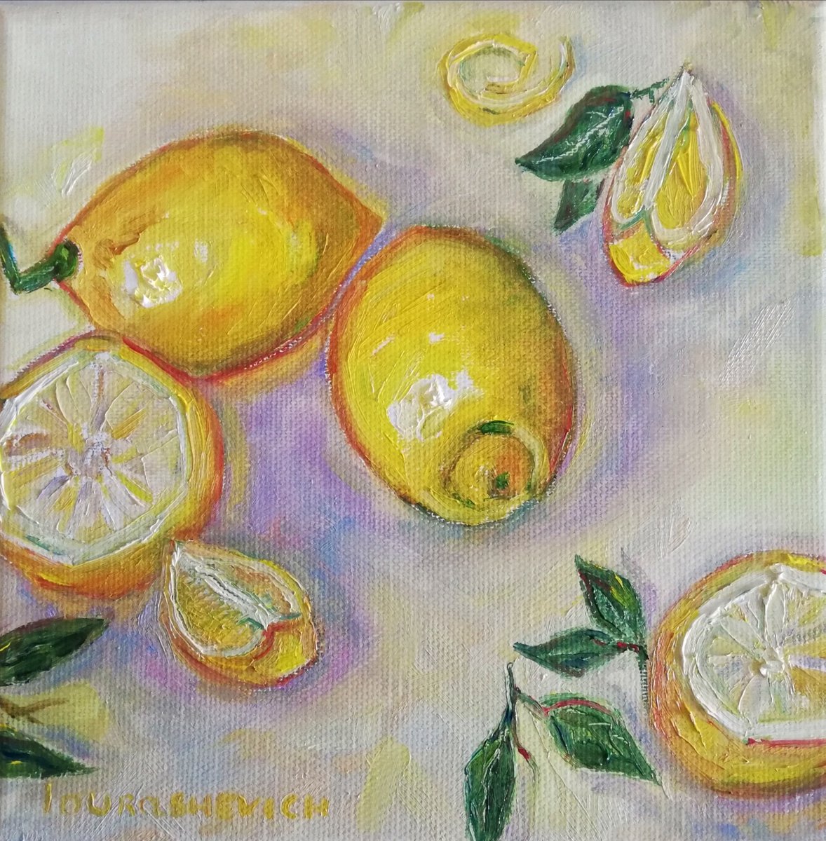 Lemons on a table Kitchen Still-life / Small Oil Painting 8x8in (20x20cm) by Katia Ricci