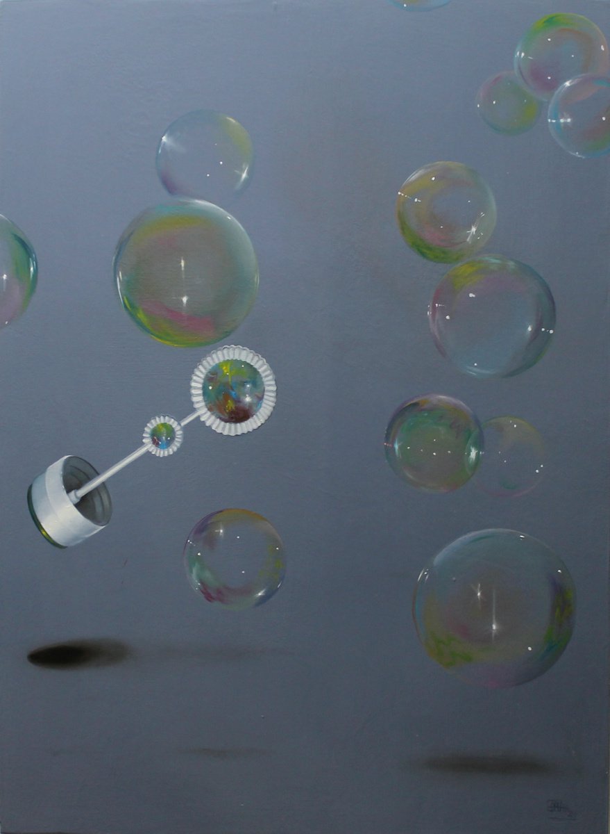 Photorealistic Still Life Oil Painting By Nicoletta Bagatti, 20 X 28", Bolle Di Sapone Nel Blu - Cogli L