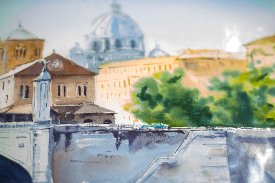 Bridges and Saint Paul view. Rome, Italy. Original watercolor.