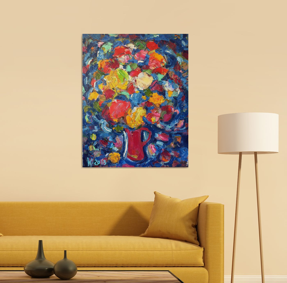 Blue Bouquet - Still Life - Floral Art - Flowers in Vase - Abstract and Expressive - Gift - Medium Size - Oil Painting