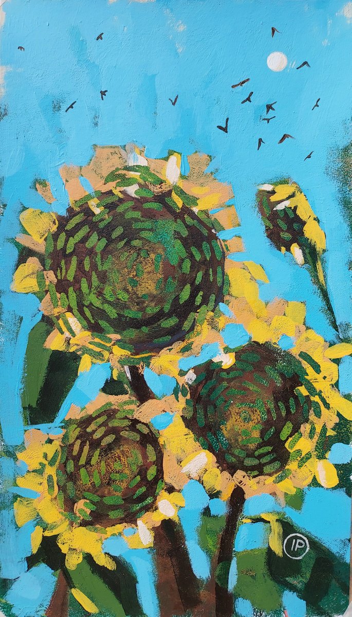 Impressionistic Botanical Acrylic Painting By Irina Plaksina, 6 X 11, Sunflowers In Kansas, Original Artwork