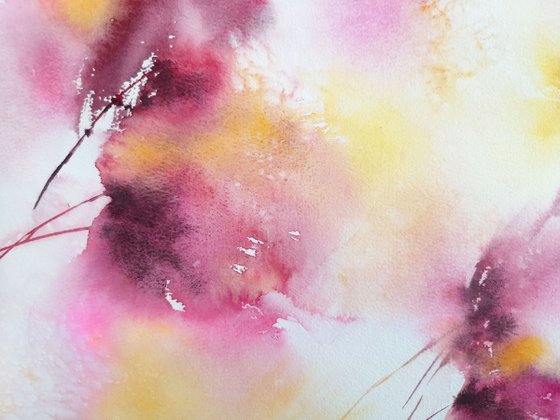 Pink and yellow abstract flower painting "November bouquet"