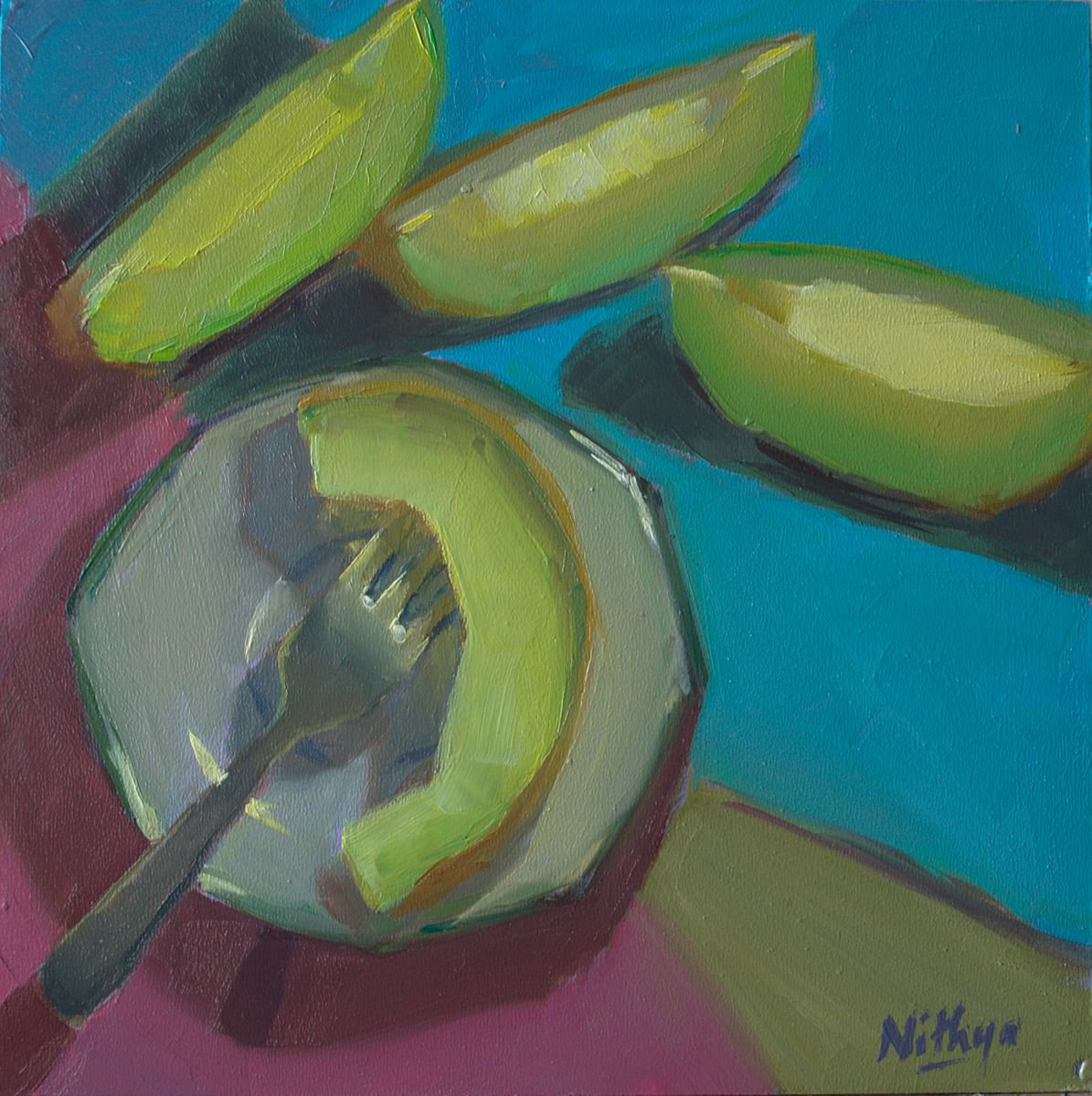 Original Kitchen Still Life - Melon party IV, One of a kind artwork, Home decor by Nithya Swaminathan