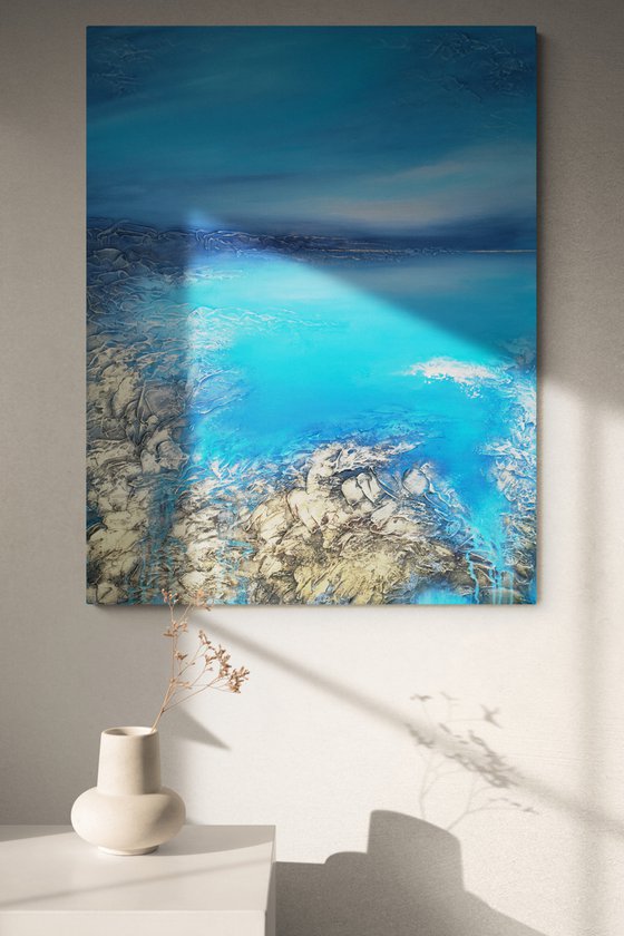 A XL large original modern semi-abstract painting "Blue Lagoon"