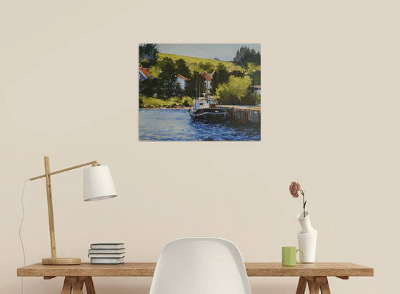 Noon by the mooring line, Original, one-of-a-kind acrylic on wide edge canvas painting (16x20'')