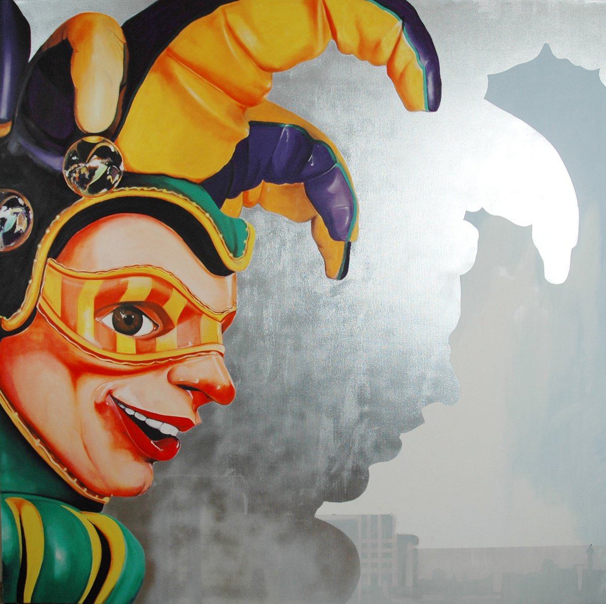 Urban And Pop Portrait Oil Painting By Kujbus Janos, 55 X 55", Laugh, Original Artwork