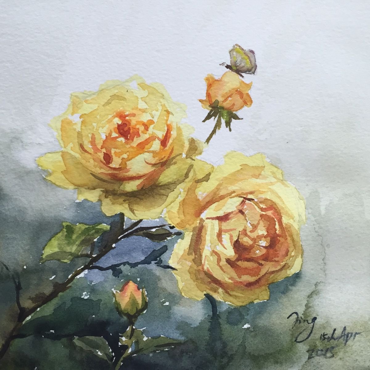 Impressionistic Botanical Watercolour By Jing Chen, 8 X 8, Roses And Butterfly, Original Artwork