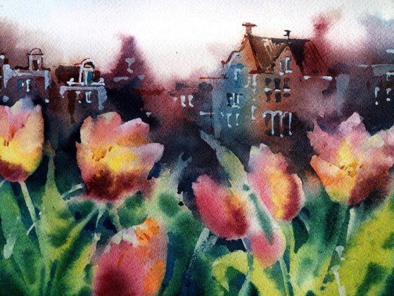 "Spring. Blooming tulips in Amsterdam" Original watercolor painting