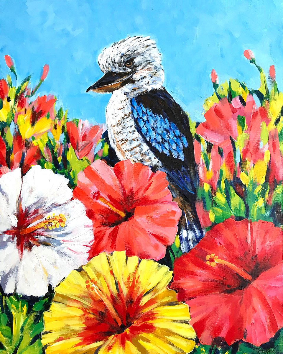 Impressionistic Animal Acrylic Painting By Irina Redine, 16 X 20, Kookaburra In Hibiscus Flowers, Original Artwork