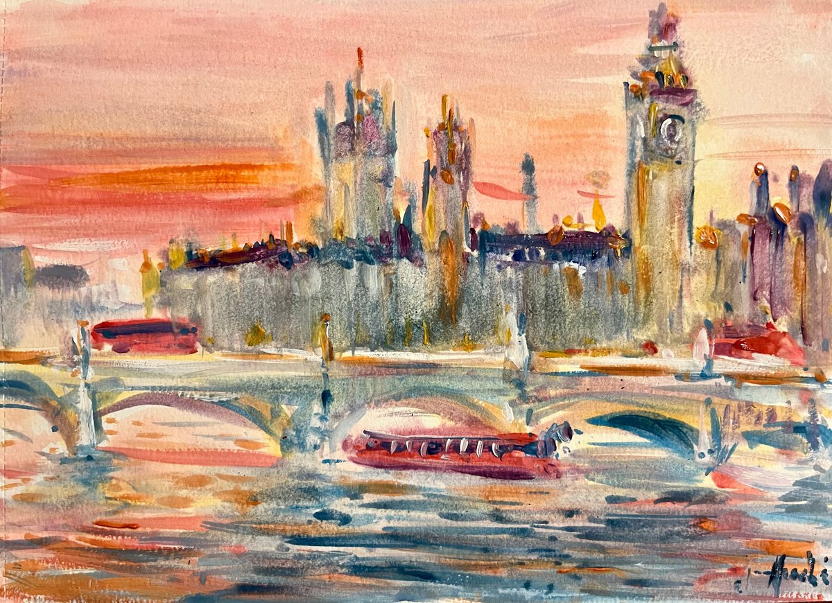 Impressionistic Watercolour , London Sunset 21X30. By Altin Furxhi, 12 X 8, Artwork For Sale On Artfinder