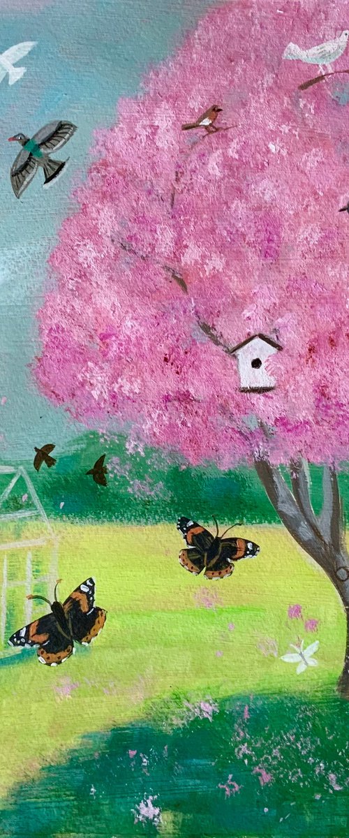 Blossom trees and greenhouse by Mary Stubberfield