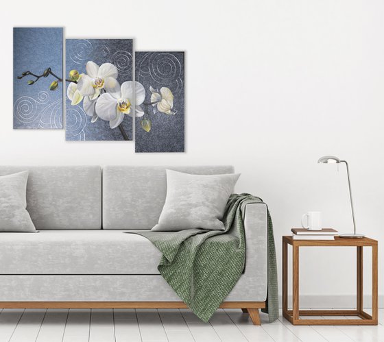 WHITE ORCHIDS  acrylic painting on canvas, 3 piece set