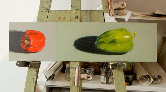 gift for food lovers: modern diptych, still life of red and green pepper