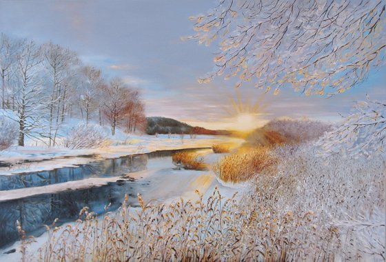 Winter Sunset Over Frozen River