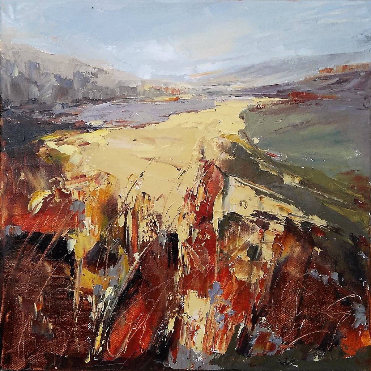 SUMMER GONE, 40x40cm, summer field landscape by Emilia Milcheva