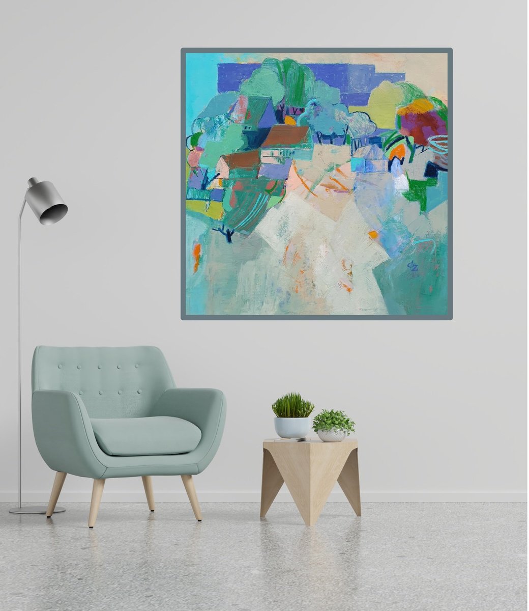 Expressive Cityscapes Oil Painting By Victoria Cozmolici, 39 X 39", Purple Twilight, Original Artwork