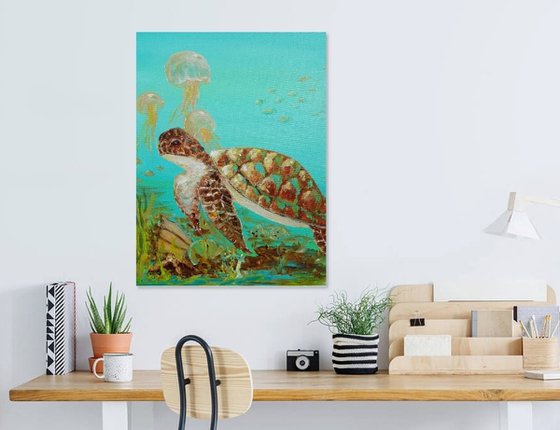 Sea Turtle Acrylic Painting on Canvas 24"x18". Sea Life Modern Art (2020)