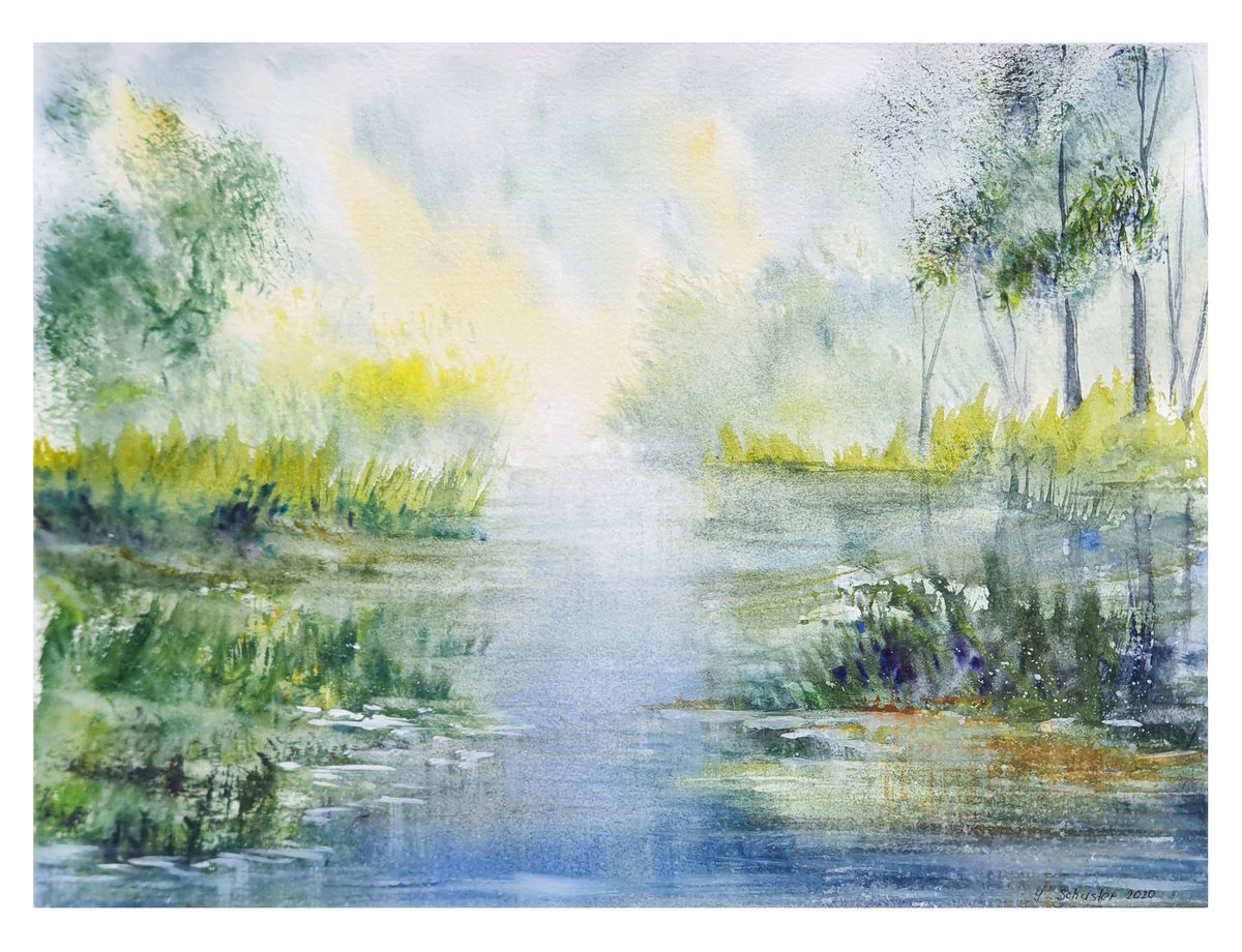 Impressionistic Landscape Watercolour By Yulia Schuster, 12 X 9", Foggy Morning By The River, Original Artwork