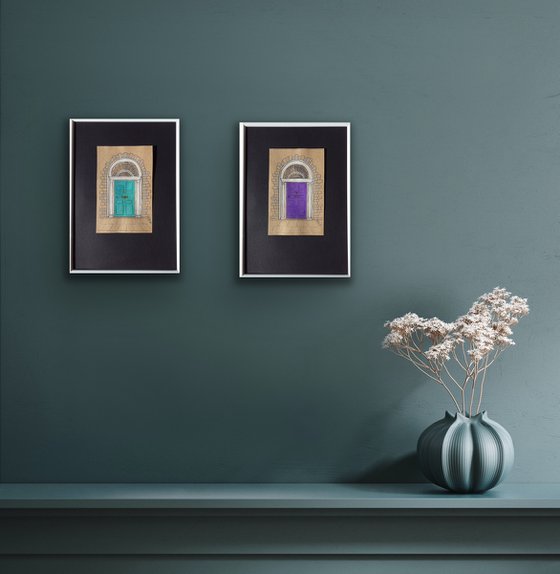 Violet and turquoise doors - Set of 2 architecture mixed media drawings in frames