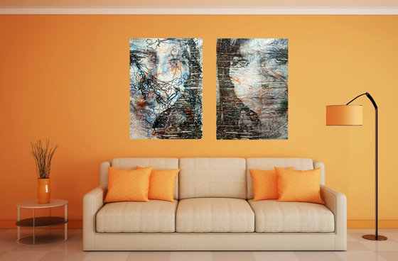 The rain and the sun (n.343) - 102,00 x 71,00 x 2,50 cm - diptych - ready to hang - mix media painting on stretched canvas