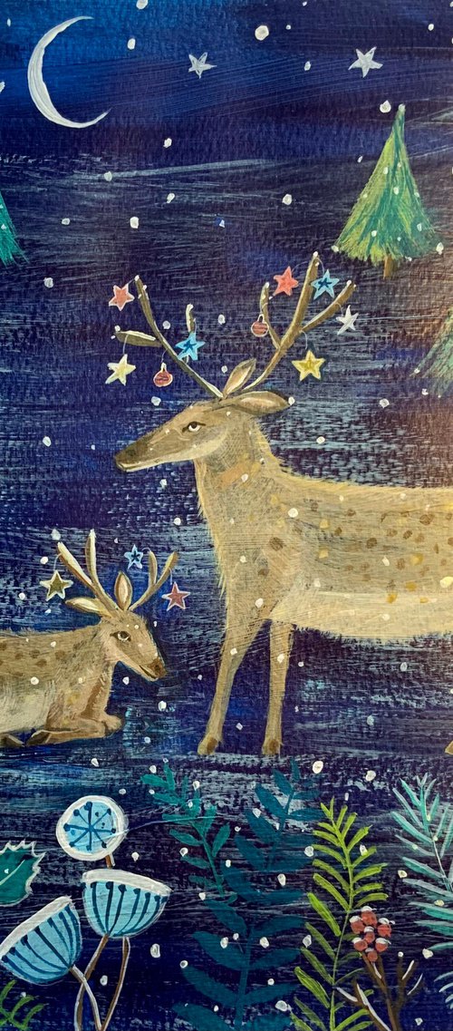 Winters night with deer by Mary Stubberfield