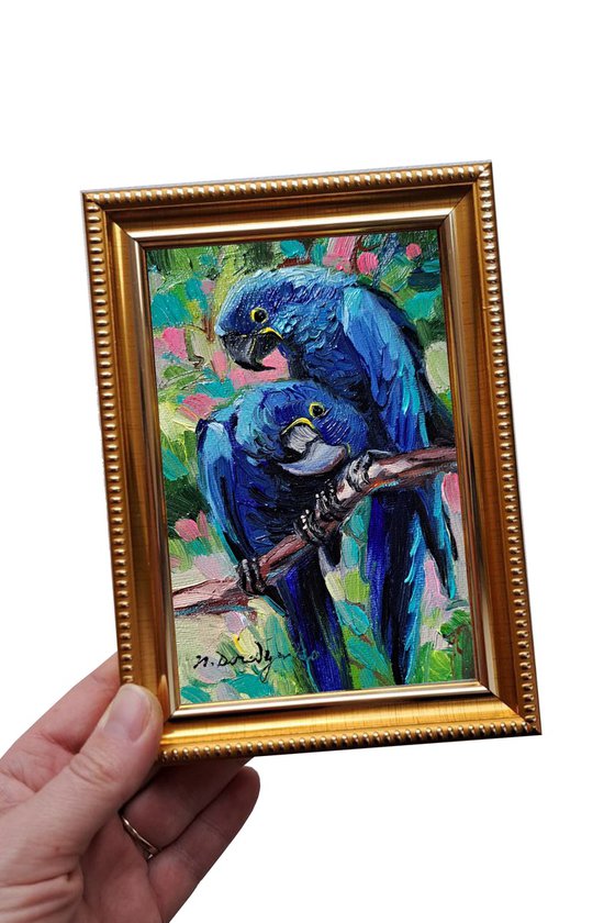 Two parrot oil painting original canvas, Bird couple art in blue frame