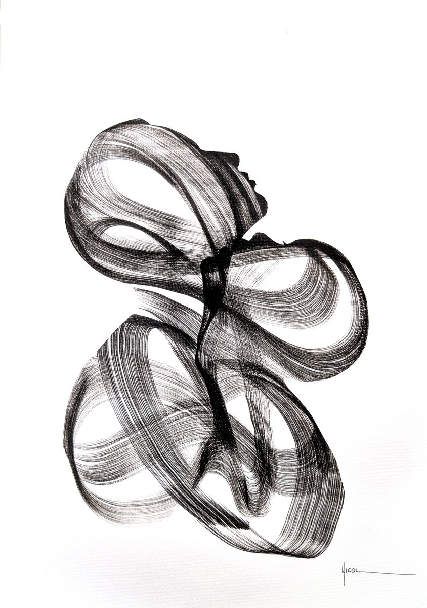 Expressive Portrait Ink Drawing By Nicol Vacaru, 15 X 22", Breath Of Infinity, Original Artwork