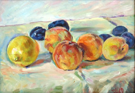 Still life with peaches and lemon, oil on cardboard, 35x50 cm.