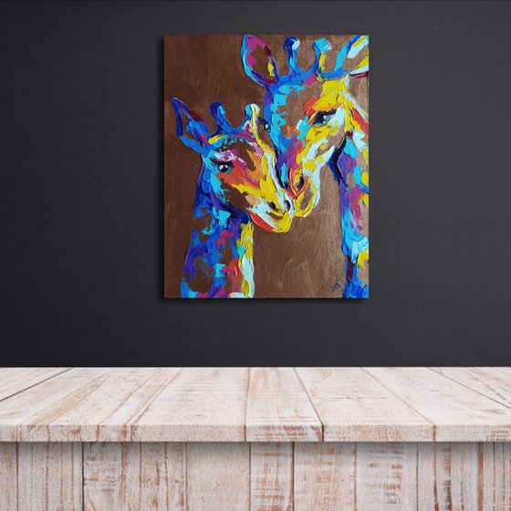 Motherhood - mother's love, animal, giraffes, animal face, love, mother, painting, mother and child, gift, animals art, animals oil painting