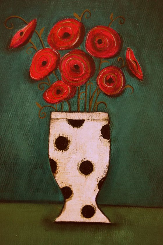 Red Poppies in a Polkadot Vase..,