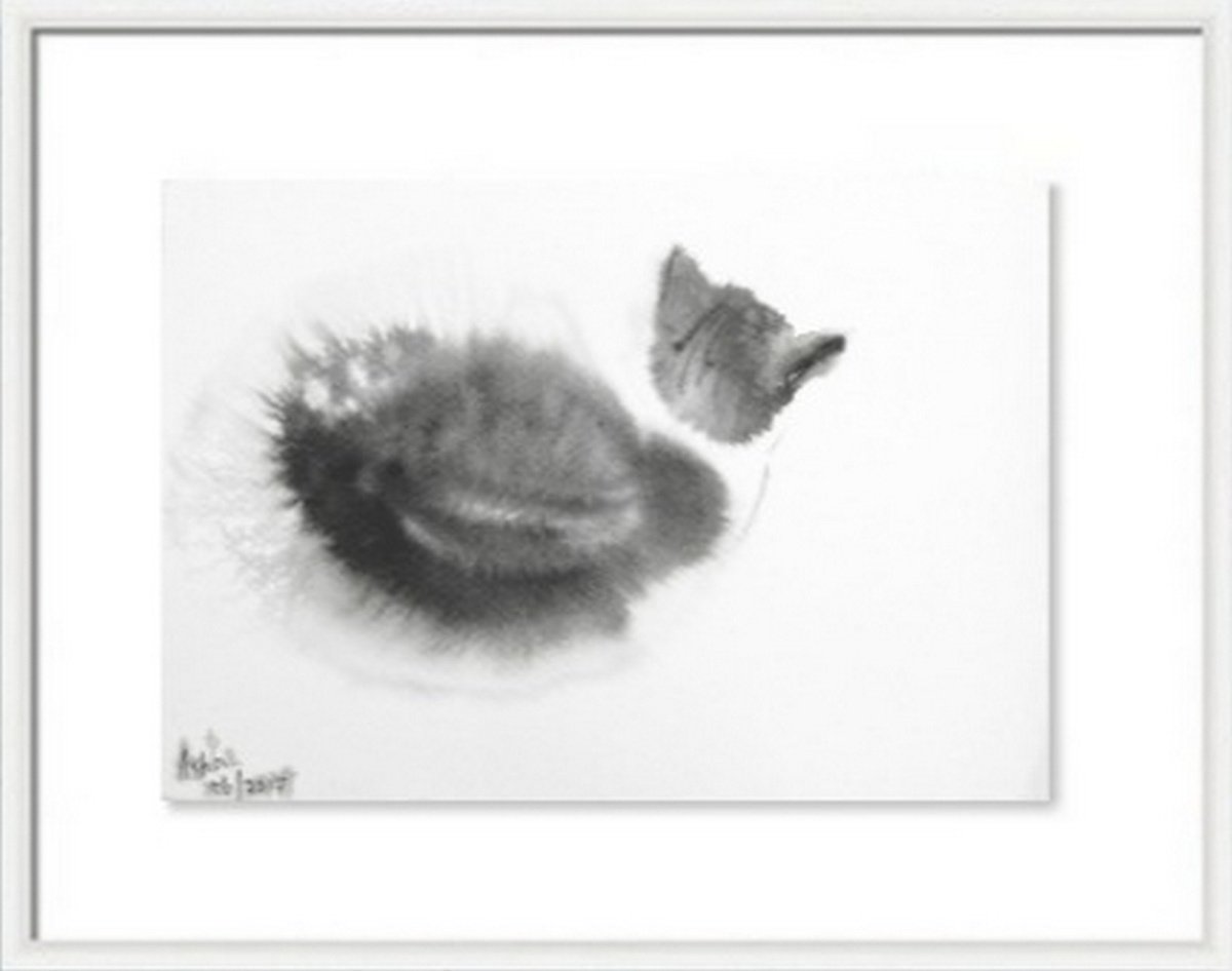 Ink Art - Minimalist Cat - 10 (5.8x 8.3 - A5 size) by Asha Shenoy