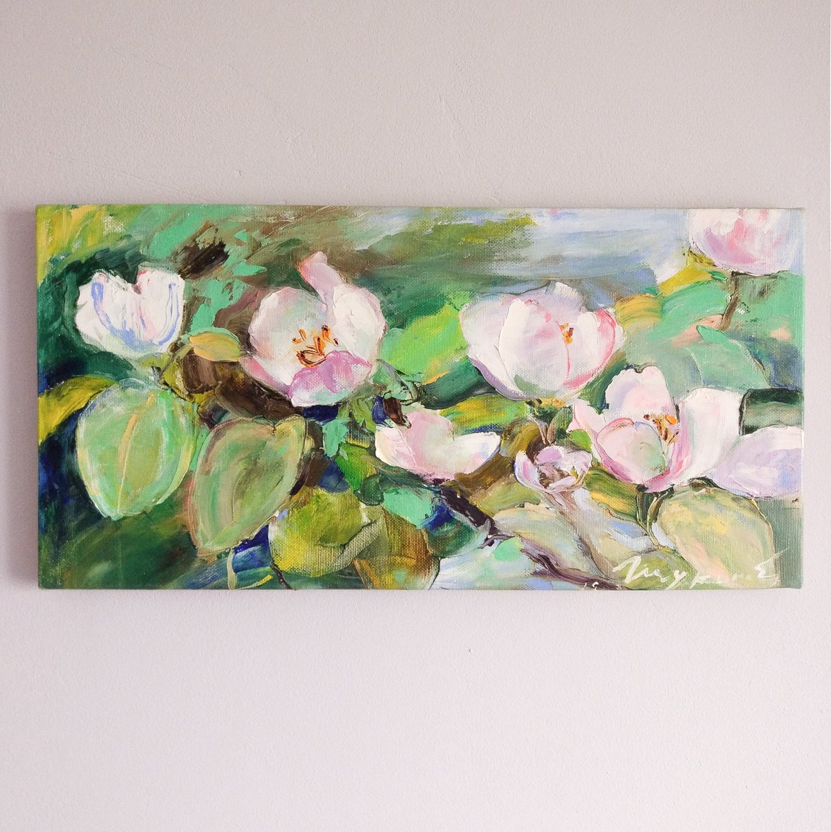 Flowering branch. Quince. July. Original oil painting (2018) by Helen Shukina