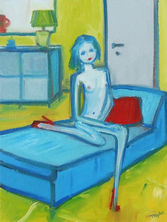 NUDE CUTE GIRL BLUE BED. Original Female Figurative Oil Painting. Varnished.
