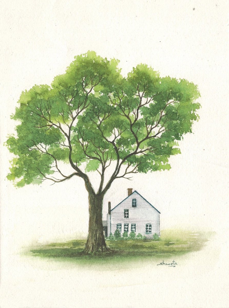 House under the oak tree watercolour painting by Shweta Mahajan
