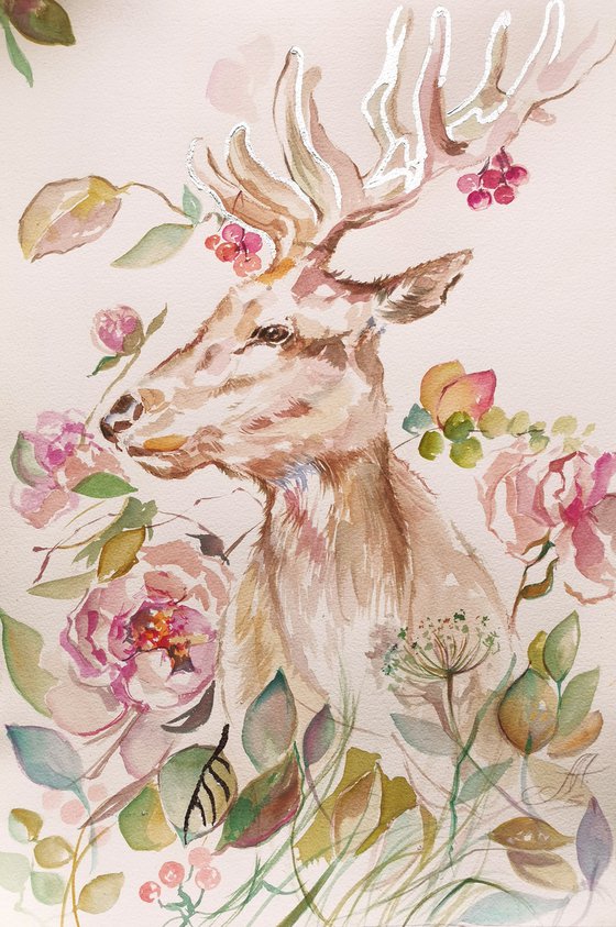 Romantic Deer Art. Watercolor original painting