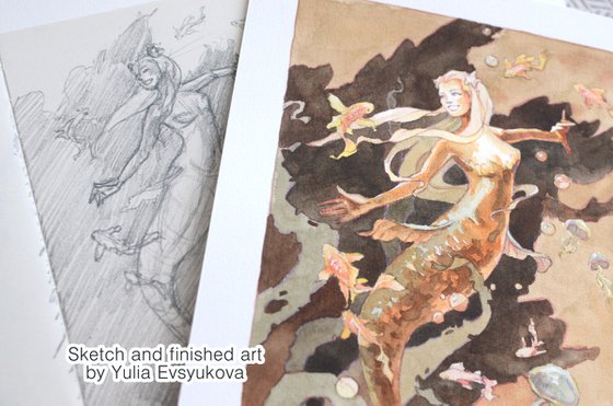 Mermaid and golden fishes, Fantasy illustration in watercolor