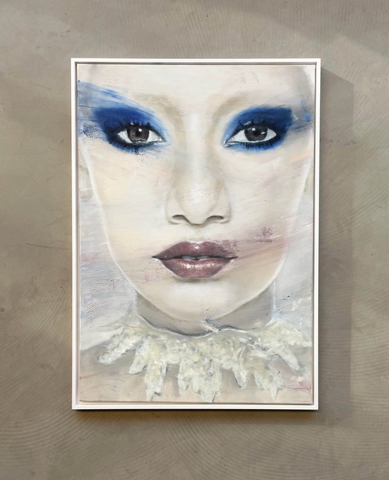 Jazelle | beautiful model with blue eye shadow painting in oil on canvas large contemporary portrait female model