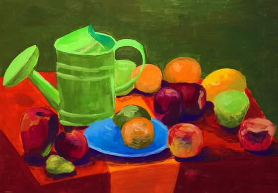 Still life with apples and watering pot
