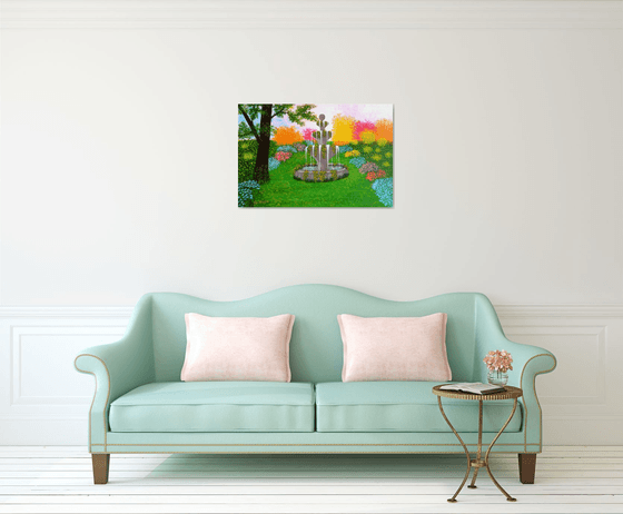 Make A Wish - large wild garden landscape; spring blossoms; wishing fountain; home, office decor; gift idea