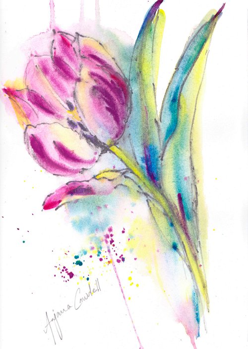 Tulip painting, floral art, purple flower, Contemporary art, watercolour, watercolor, loose painting by Anjana Cawdell
